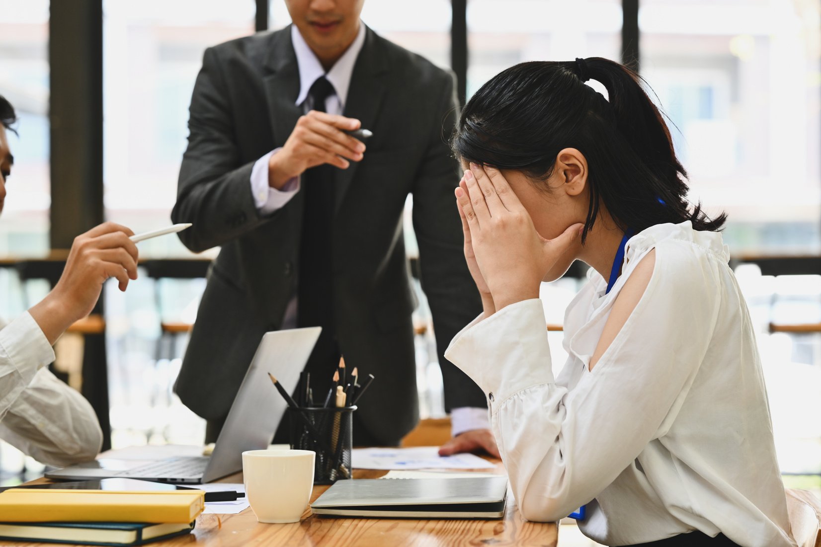 Frustrated intern receiving unfair reprimand rebuke, suffers fro